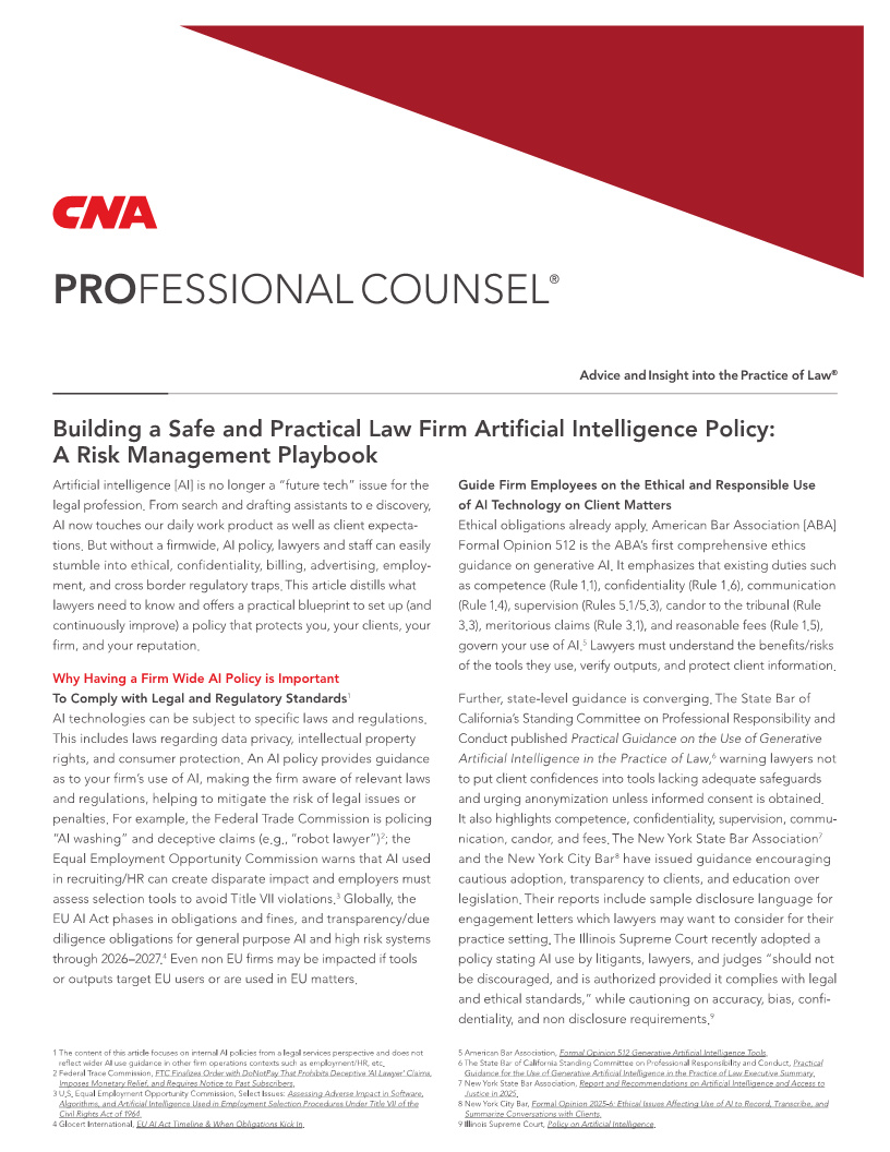 Building a Safe and Practical Law Firm Artificial Intelligence Policy: A Risk Management Playbook
